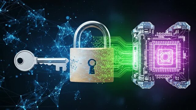 Quantum Computing Cybersecurity - A digital key unlocks a padlock connected to a quantum computer processor, symbolizing the transformative power of quantum computing in cybersecurity.