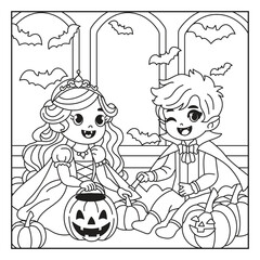 Halloween Coloring Page with Princess and Vampire