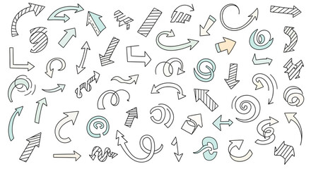 Naklejka premium Large collection of hand drawn doodle style arrows and pointers.
