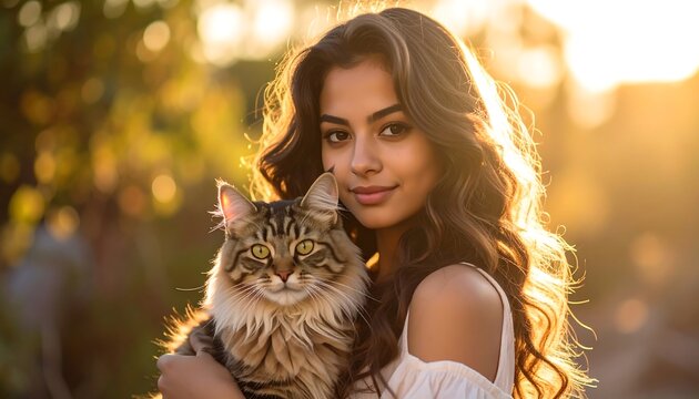 A young woman with flowing hair embraces a fluffy cat, bathed in warm sunlight. They look at the camera with soft smiles - Powered by Adobe