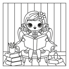 Cute girl with wings reading a book in a cozy room