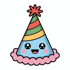 Vector art of a delightful blue party hat with a cheerful expression, adorned with colorful stripes and a fluffy pink trim, , perfect for birthday cards and festive designs