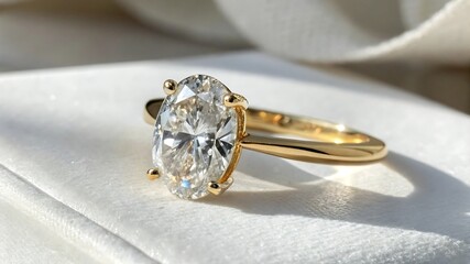 Elegant oval cut diamond engagement ring in yellow gold setting, isolated on white background