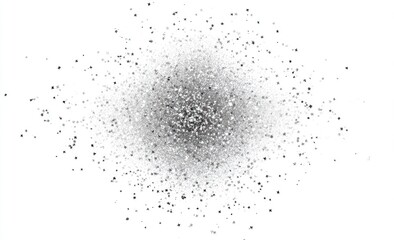 A radial burst of tiny, gray particles on a white background.  A concentrated cluster of particles in the center, diminishing in density outward
