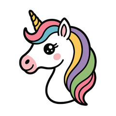 Vector art of charming cartoon unicorn head illustration, a delightful unicorn with rainbow mane and tail, big eyes, and a sweet smile perfect for childrens designs, fantasy themes, or magical project