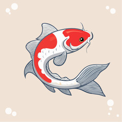 Vibrant illustration of a stylized koi fish with red and white markings on a soft background