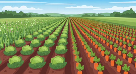 Rows of Fresh Vegetables Growing in a Field.