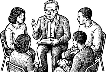 Group therapy scene showing a therapist and diverse individuals in discussion, woodcut style on transparent background, concept of mental health support