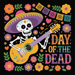 Day of the Dead illustration, skeleton musician with guitar, floral border, papel picado flags, colorful fiesta poster