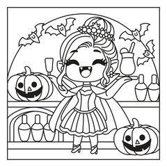 Cheerful Halloween character with pumpkins and bats