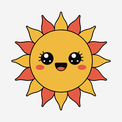 Vector art of cute sun cartoon happy sun with big eyes and smile vector illustration of a sun with a kawaii face perfect for childrens books, greeting cards, and posters
