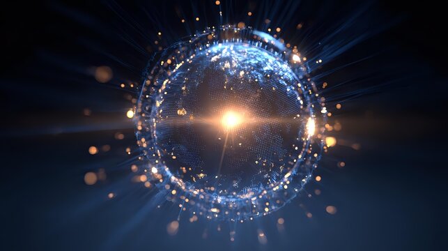 Abstract glowing sphere of technology surrounded by radiant particles with text GITEX Global Dubai October 2025 glowing at core