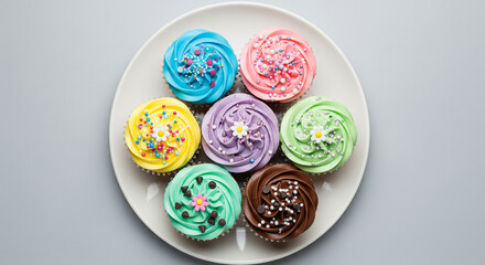 Decorated cupcakes with frosting and sprinkles on white plate top view