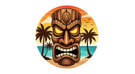 Obraz premium Fierce Tiki Mask with Glowing Eyes and Sharp Teeth.