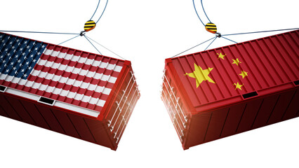 Trade wars concept with American and Chinese flag textured cargo containers clashing on transparent background. 3D illustration