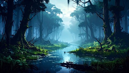 A moody, ethereal river winding through a densely forested, verdant landscape
