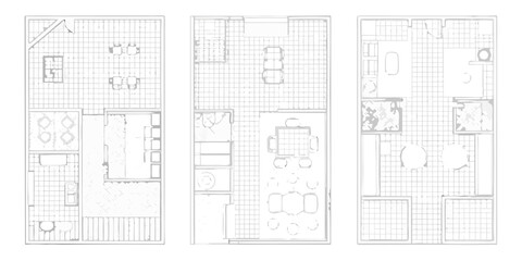Architectural floor plan drawings of three modern apartments showing furniture layouts