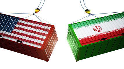Trade wars concept with American and Chinese flag textured cargo containers clashing on transparent background. 3D illustration