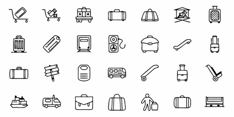 Travel icons showcase journey excitement baggage carts suitcases and transport options for a vibrant vacation planning or tourism marketing campaign, scalable vector graphic
