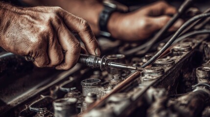 First-person View of Hands Replacing Spark Plug in Engine Bay