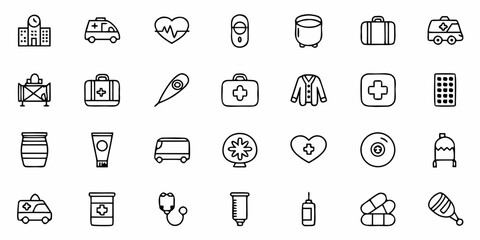 Fototapeta premium Healthcare icons showcase medical services, emergency care, and patient well-being, perfect for health websites or medical app design with clean, professional style