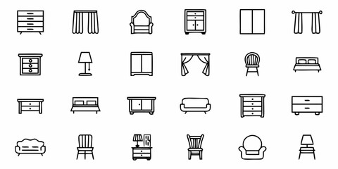 Modern home furniture line art icons for interior design projects, showcasing elegant beds, couches, chairs, dressers, and stylish lamps for comfortable living spaces