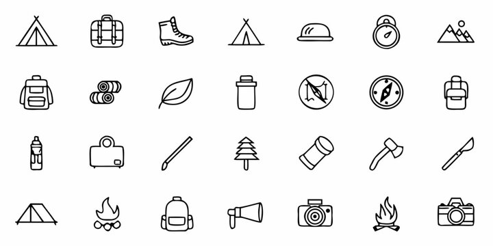 Plan Your Adventure with these Doodle Style Camping Icons, Perfect for Travel Blogs, Outdoor Guides, and Nature-Themed Designs, Originally a Scalable Vector Graphic