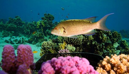 Naklejka premium Underwater scene featuring a fish swimming above a vibrant coral reef