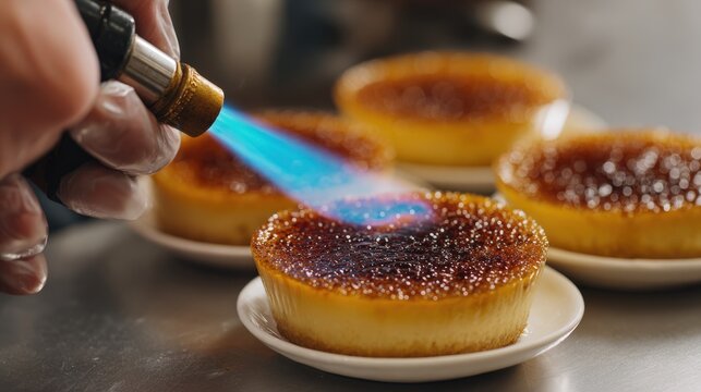 Chef Caramelizing Creme Brulee with Blowtorch in First-Person View