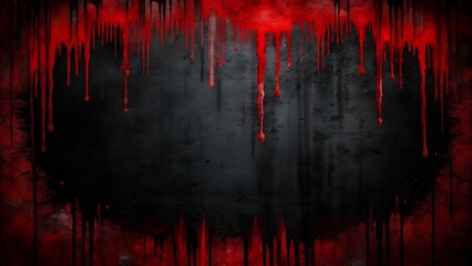 Creepy background, grunge black wall with dripping red paint effect  