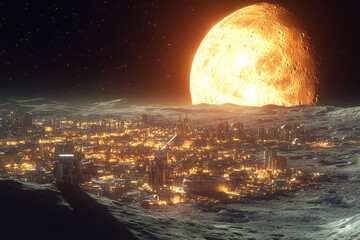 City on the moon with futuristic buildings and spaceports.