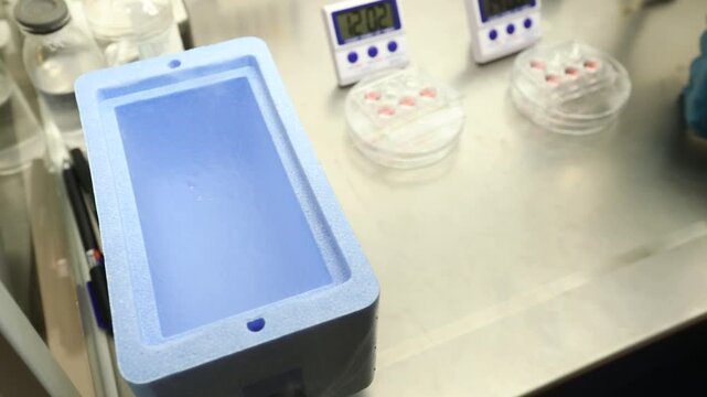 A close-up view of a scientist in a laboratory wearing gloves, carefully pipetting a sample into a petri dish under a microscope. Multiple petri dishes and timers are visible on the sterile metal surf