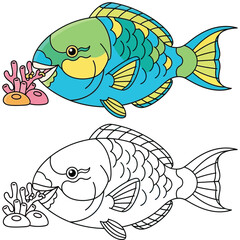 Cute Cartoon Parrotfish Eating Coral Vector Illustration for Kids Coloring Book and Ocean Life Education.