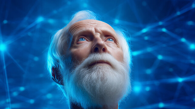 An elderly man with a white beard and bright blue eyes looks up thoughtfully, surrounded by a captivating blue light network symbolizing technology and intelligence
