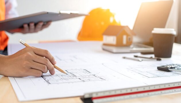 Architectural planning and design process on desk.