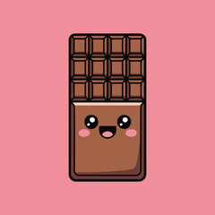 Vector art of adorable chocolate bar with a cute face on a pink background a delightful cartoon illustration of a sweet treat with kawaii eyes and a cheerful smile, perfect for childrens books or dess