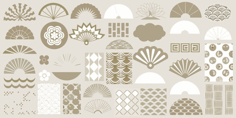 A collection of japanese inspired graphic elements and patterns in neutral tones