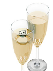 Champagne glasses and wedding rings on transparent background. 3D illustration