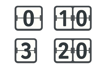 Flip clock number set for countdown timer and scoreboard. Vector retro mechanical display icons. Digital time counter illustration for date, deadline, or event promotion.