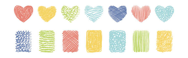 Abstract hand drawn crayon grainy grunge shapes set. Heart, square, rectangle, circle, hexagon. Vector EPS 10