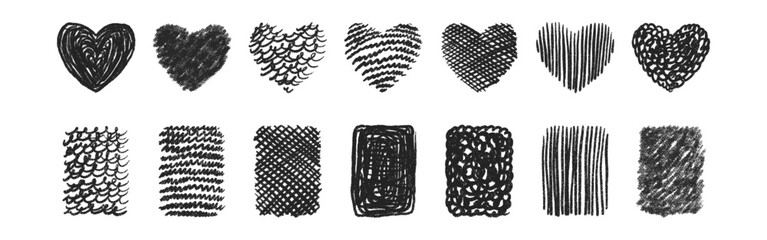 Abstract hand drawn crayon grainy grunge shapes set. Heart, square, rectangle, circle, hexagon. Vector EPS 10