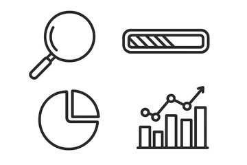 Data analytics & business intelligence icon set. Magnifying glass search, progress bar, pie chart, growth graph. Line icons for UI, web, and marketing reports. Editable stroke.