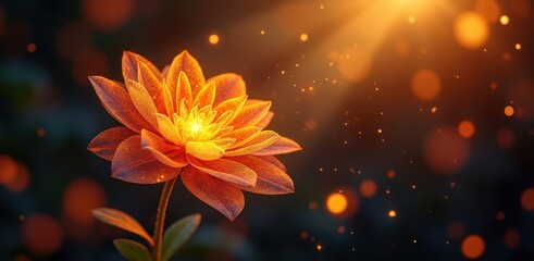 Glowing orange flower illuminated by golden sunlight and floating orbs