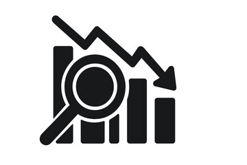Financial crisis analysis concept. Magnifying glass over a falling bar chart with down arrow. Business metaphor for market crash, recession, investment loss, and economy.