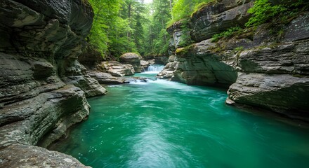 Naklejka premium Serene Emerald River Flowing Through a Lush Green Canyon,Nature Photography