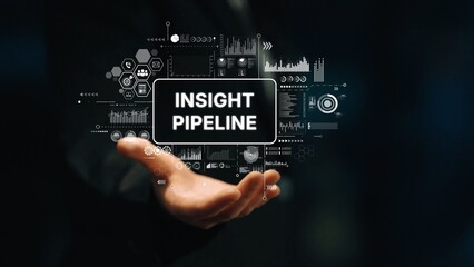 Hand with futuristic digital display showcasing data analytics and business insights in an abstract technology concept. Asymptotic smart data analytic.