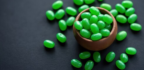Bright green jelly beans poured from a small brown bowl