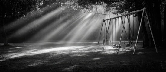 Sunbeams illuminate empty playground swings in a park