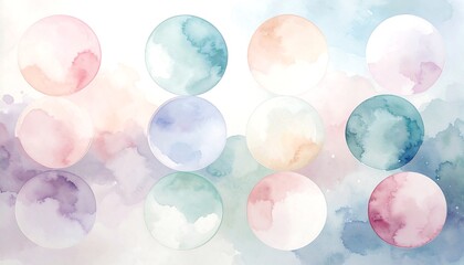 Abstract background of watercolor circles in pastel hues on a blurred, soft canvas