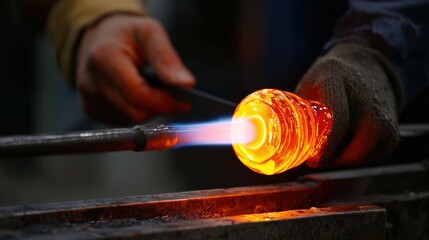 First-Person View of Glassblower Shaping Molten Glass with Blowpipe
